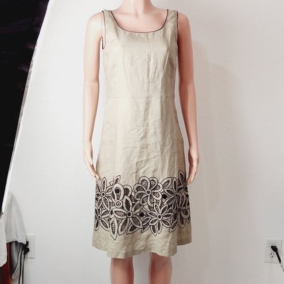 LAFAYETTE Dress Beige 100% Linen Embroidered Sleeveless A-Line Size: 4 - Picture 1 of 15